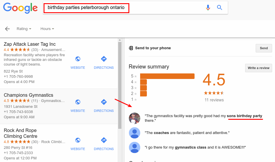 Text in reviews impacts your Local Rank