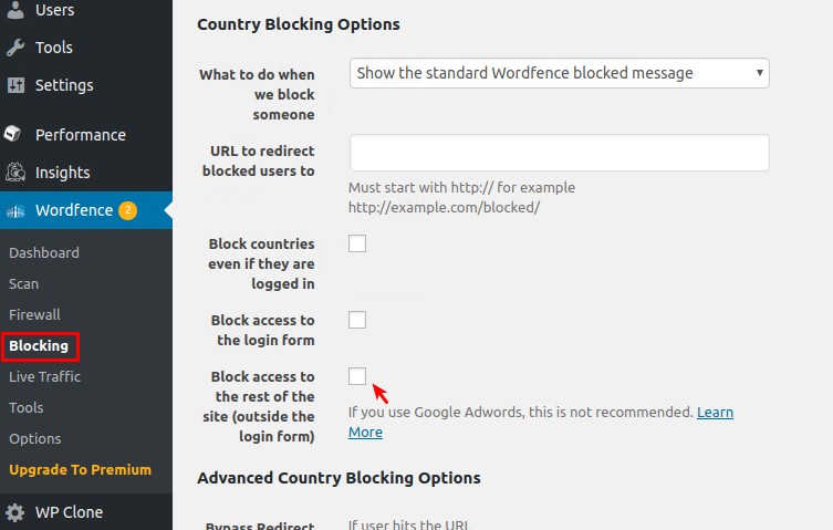 adwords country blocking policy and wordfence settings in wordpress